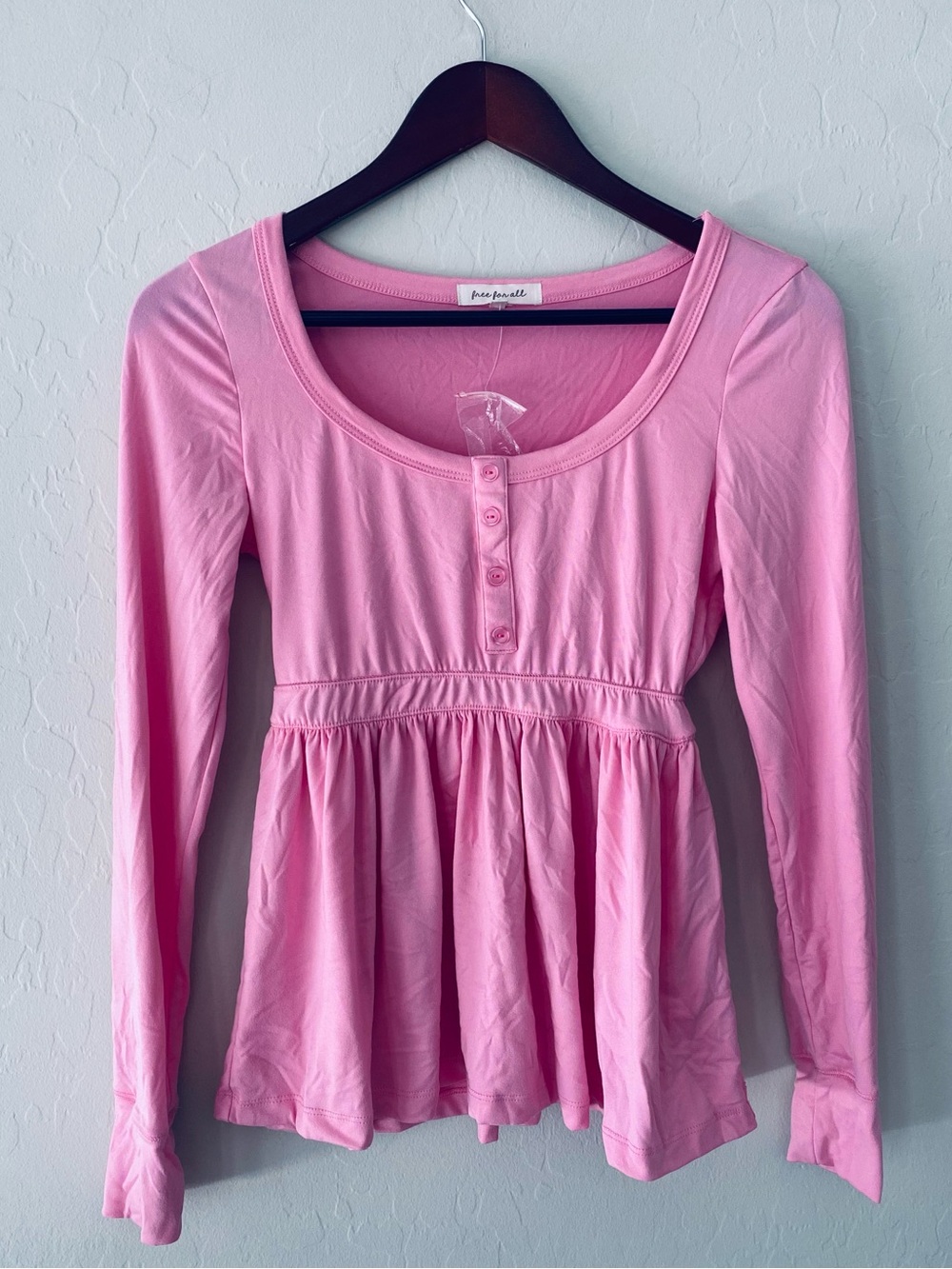 Free For All Pink Long Sleeve Henley Peplum Top Babydoll Coquette Y2K Womens S